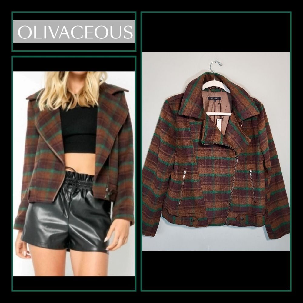 NWT OLIVACEOUS Angie Plaid Jacket in Multi | size Large | Wool Blend